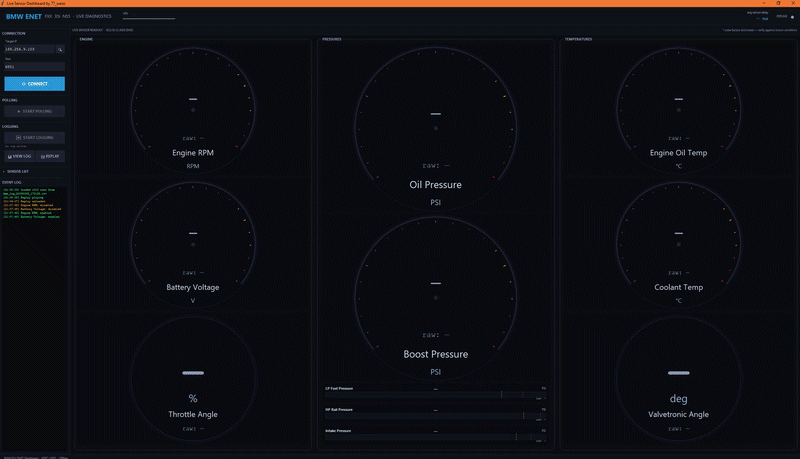 BMW ENET live sensor dashboard with circular gauges showing RPM, oil pressure, boost, and temperatures
